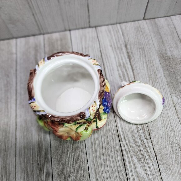 Vintage Painted Jam Jar Fruits and Fall Leaves Design Ceramic with Lid 5.5" Tall - Picture 5 of 8